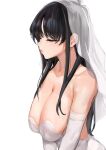  1girl absurdres bangs bare_shoulders black_hair breasts bridal_veil closed_eyes commentary dress elbow_gloves english_commentary from_side gloves highres komi-san_wa_komyushou_desu komi_shouko long_hair mamimi_(mamamimi) parted_lips sagging_breasts simple_background solo strapless strapless_dress upper_body veil wedding_dress white_background white_dress white_gloves 