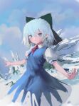  1girl absurdres blue_background blue_dress blue_eyes blue_hair bow cirno collared_shirt dress green_bow hair_bow highres ice ice_wings puffy_short_sleeves puffy_sleeves red_neckwear reddizen shirt short_hair short_sleeves touhou white_shirt wings 