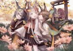  5girls amulet anchor_symbol animal_ears autumn_leaves azur_lane black_hakama blue_hair blurry blurry_foreground braid braided_bangs brown_hair falling_leaves flower fox_ears ginkgo_leaf green_hair grey_hair hakama hakama_short_skirt hakama_skirt hatakaze_(azur_lane) hemorina holding holding_umbrella horns ikazuchi_(azur_lane) inazuma_(azur_lane) japanese_clothes kamikaze_(azur_lane) koinobori leaf long_hair matsukaze_(azur_lane) multicolored_hair multiple_girls oil-paper_umbrella omamori oni_horns pink_flower redhead round_eyewear skirt streaked_hair tail torii two-tone_hair umbrella very_long_sleeves wide_sleeves yellow_eyes yellow_skirt 