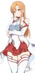  1girl alp asuna_(sao) braid closed_mouth highres long_hair looking_at_viewer orange_eyes orange_hair red_skirt signature simple_background skirt smile solo sword_art_online thigh-highs white_background white_legwear 