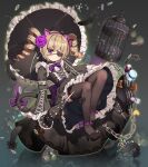  1girl animal_ears banned_artist black_eyepatch black_legwear blonde_hair closed_eyes detached_sleeves eyepatch fake_animal_ears full_body gothic_lolita high_heels lolita_fashion looking_at_viewer looking_down medium_hair original parasol thigh-highs umbrella violet_eyes yiku_(sim7368) 