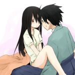  1boy 1girl ahoge black_hair blanket blush bottomless breasts brown_eyes closed_mouth collarbone glasses itoshiki_nozomu japanese_clothes kagiana komori_kiri long_hair sayonara_zetsubou_sensei simple_background sweatdrop 