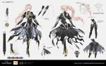  1girl alternate_costume arms_at_sides blue_eyes bridal_gauntlets bridal_legwear character_sheet commentary_request dress from_behind grey_background high_heels highres lineart multiple_views official_alternate_costume official_art pink_hair ponytail shionne_(tales) standing swav tales_of_(series) tales_of_arise torn_clothes torn_dress translation_request 