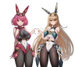  1girl 2girls absurdres alternate_costume blonde_hair breasts highres jingb_dx large_breasts multiple_girls mythra_(xenoblade) navel playboy_bunny pyra_(xenoblade) rabbit red_eyes redhead short_hair under_boob xenoblade_chronicles_(series) xenoblade_chronicles_2 yellow_eyes 