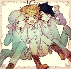  1girl 2boys ahoge black_hair blue_eyes brown_eyes brown_footwear emma_(yakusoku_no_neverland) green_eyes highres holding_hands looking_at_viewer multiple_boys neck_tattoo norman_(yakusoku_no_neverland) open_mouth orange_hair pants ray_(yakusoku_no_neverland) shirt sitting skirt smile tattoo white_hair white_pants white_shirt white_skirt yakusoku_no_neverland yokosuka_(jyamuojisan7) 