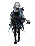  1girl absurdres arknights black_footwear black_pants black_shirt boots bow_(weapon) commentary_request compound_bow full_body green_eyes grey_hair grey_jacket greythroat_(arknights) hair_ornament highres holding_crossbow jacket looking_at_viewer mackia open_clothes open_jacket pants shirt short_hair simple_background solo standing straight-on tachi-e weapon white_background 