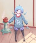  (9) 1girl blue_eyes blue_hair blue_sweater cirno highres ice ice_wings indoors kettle long_sleeves looking_at_viewer nakieoka pantyhose plaid plaid_shorts purple_shorts red_shirt shirt short_hair shorts smile stove sweater touhou wings 