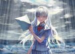  1girl bangs bow bowtie bright_pupils clouds cloudy_sky grey_hair grey_jacket grey_skirt highres holding horizon jacket long_hair original parted_lips pleated_skirt red_neckwear sheet_music short_sleeves skirt sky smile solo upper_body violet_eyes white_pupils window1228 