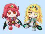  2girls blonde_hair character_doll doll fumo_(doll) kyomu_(zerokyomu) multiple_girls mythra_(xenoblade) pyra_(xenoblade) red_eyes redhead xenoblade_chronicles_(series) xenoblade_chronicles_2 yellow_eyes 