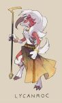  bracelet character_name claws closed_mouth commentary_request full_body gen_7_pokemon glint glowing glowing_eyes highres holding holding_staff jewelry lycanroc lycanroc_(midnight) ngr_(nnn204204) orange_eyes pokemon pokemon_(creature) staff standing white_fur 
