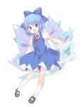  1girl :d bangs black_footwear blue_bow blue_dress blue_eyes blue_hair bow cirno cirno_day collared_shirt dress eyebrows_visible_through_hair frog full_body hair_bow highres ice ice_wings looking_at_viewer open_mouth pinafore_dress puffy_short_sleeves puffy_sleeves red_neckwear shirt short_hair short_sleeves simple_background smile solo tororobin touhou white_background white_legwear white_shirt wings 