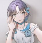  1girl :p ahoge asakura_tooru asymmetrical_sleeves bangs blue_hair blurry clothes_pull collarbone earrings expressionless gradient_hair grey_background hand_up idol idolmaster idolmaster_shiny_colors iwawa jewelry looking_at_viewer multicolored_hair noctchill_(idolmaster) parted_bangs purple_hair selfie shirt_pull short_hair simple_background solo tongue tongue_out upper_body 