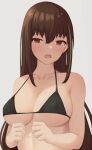  1girl act_(xadachit) bikini bikini_top black_bikini blush breasts brown_eyes brown_hair collarbone covered_nipples girls_frontline green_hair hair_between_eyes highres large_breasts long_hair m4a1_(girls&#039;_frontline) multicolored_hair open_mouth simple_background solo streaked_hair swimsuit upper_body white_background 