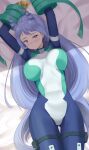  1girl arms_up blue_eyes blue_hair blush boku_no_hero_academia breasts embarrassed hadou_nejire haeil2 highres large_breasts long_hair looking_at_viewer simple_background skin_tight solo 