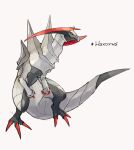  alternate_color black_sclera character_name claws closed_mouth colored_sclera commentary_request full_body gen_5_pokemon grey_eyes haxorus ngr_(nnn204204) no_humans orange_pupils pokemon pokemon_(creature) shiny_pokemon signature simple_background solo white_background 