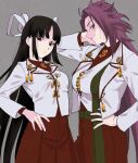  2girls black_hair breasts brown_eyes hair_ribbon hand_on_own_head highres hime_cut hiyou_(kancolle) jacket jun&#039;you_(kancolle) kantai_collection knotting large_breasts long_hair magatama multiple_girls purple_hair ribbon shishanmo simple_background violet_eyes white_jacket 