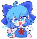  1girl blue_dress blue_eyes blue_hair bow cirno dress fairy_wings hair_bow highres ice ice_wings op_na_yarou open_mouth pointing pointing_at_self puffy_short_sleeves puffy_sleeves red_neckwear shirt short_hair short_sleeves simple_background touhou white_background white_shirt wings 
