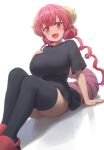  1girl :d absurdres arm_support black_legwear black_shirt breasts commentary dragon_girl dragon_horns dragon_tail free_style_(yohan1754) highres horns huge_breasts ilulu_(maidragon) kobayashi-san_chi_no_maidragon long_hair looking_at_viewer open_mouth red_eyes redhead shirt short_sleeves simple_background sitting smile solo tail thigh-highs white_background yohan1754 