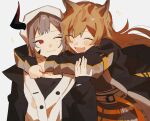  2girls animal_ears arknights arm_around_neck bangs blush brown_hair ceobe_(arknights) closed_eyes closed_mouth dog_ears dog_girl fang fang_out happy highres horns hug jacket keeta long_hair multiple_girls one_eye_closed open_mouth oripathy_lesion_(arknights) red_eyes short_hair single_horn skin_fang vulcan_(arknights) 