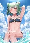  1girl absurdres adapted_costume animal_print arm_support arm_up armpits bikini blue_bikini blue_sky blush breasts butterfly_print double_bun embarrassed feet_out_of_frame green_hair hair_flip hair_ornament hair_ribbon highres hololive looking_at_viewer navel ooeyama red_eyes ribbon short_hair sidelocks sitting skull_hair_ornament sky small_breasts soaking_feet solo summer sunlight swimsuit uruha_rushia virtual_youtuber 