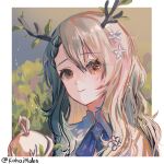  1girl absurdres apple branch brown_hair ceres_fauna closed_mouth dress flower food fruit golden_apple green_background green_hair hair_flower hair_ornament highres hololive hololive_english kohaimabs leaf long_hair looking_at_viewer multicolored_hair portrait virtual_youtuber white_dress 