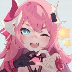  1girl :d absurdres asymmetrical_gloves bangs bare_shoulders black_gloves blue_eyes close-up fang gloves grey_background hair_between_eyes hair_ornament heart heart_hands highres honkai_(series) honkai_impact_3rd horns long_hair mismatched_gloves one_eye_closed open_mouth pink_hair portrait rozaliya_olenyeva simple_background single_horn smile solo star_(symbol) thick_thighs thighs uesi_hibana v-shaped_eyebrows white_gloves 