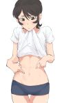  1girl abs black_hair blue_shorts blush braid closed_mouth clothes_lift copyright_request cowboy_shot crown_braid green_eyes looking_down navel osame shirt shirt_lift short_shorts short_sleeves shorts simple_background solo standing stomach thigh_gap toned white_background white_shirt 