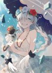  1girl anastasia_(fate) anastasia_(swimsuit_archer)_(fate) blue_eyes braid breasts dated doll fate/grand_order fate_(series) grin hair_over_one_eye head_wreath highres ice_crystal long_hair medium_breasts serisawa silver_hair smile sunlight umbrella 