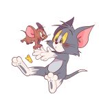  2boys animal_ears black_eyes blue_fur blush brown_fur cat_ears cat_tail cheese colored_sclera food green_eyes highres jerry_(tom_and_jerry) mouse_ears mouse_tail multiple_boys open_mouth tail tom_(tom_and_jerry) tom_and_jerry whiskers yellow_sclera yes_cheese 