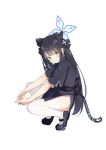  1girl absurdres animal_ear_fluff animal_ears bangs black_dress black_footwear black_hair blue_archive blunt_bangs china_dress chinese_clothes dress etoile green_eyes hands_together highres long_hair mary_janes shoes short_sleeves shun_(blue_archive) simple_background smile solo squatting thigh-highs thighs tiger_ears tiger_girl tiptoes twintails white_background white_legwear 