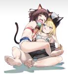  2girls animal_ears animal_hat aqua_bra aqua_panties arms_around_neck bangs barefoot baseball_cap black_choker black_headwear black_jacket blonde_hair blunt_bangs blush bra breasts brown_hair cat_tail choker copyright_name denim denim_shorts dog_hat dog_tail eating fang food food_on_face girl_on_top hat hat_with_ears highres holding holding_food ice_cream ice_cream_cone ice_cream_on_face jacket kmnz long_hair long_sleeves mc_lita mc_liz medium_hair multiple_girls nail_polish nonco off_shoulder one_eye_closed open_mouth panties pink_bra pink_nails short_shorts shorts simple_background skin_fang small_breasts straddling tail tail_raised toes tongue tongue_out underwear upright_straddle violet_eyes virtual_youtuber white_background 