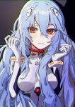  1girl ayanami_rei blue_hair bodysuit breasts chung1000 closed_mouth evangelion:_3.0+1.0_thrice_upon_a_time gloves hair_between_eyes hands_up headgear long_hair looking_at_viewer medium_breasts neon_genesis_evangelion plugsuit rebuild_of_evangelion red_eyes solo upper_body white_bodysuit white_gloves 
