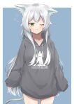  1girl absurdres alternate_costume animal_ears arknights bangs blush cat_ears cat_girl cat_tail closed_mouth green_eyes highres hiiragi_ragi hood hooded_sweater long_hair one_eye_closed oversized_clothes rhodes_island_logo rosmontis_(arknights) silver_hair sleepy sleeves_past_wrists solo sweater tail very_long_hair 