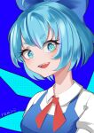  1girl :d artist_name bangs blue_background blue_bow blue_eyes blue_hair bow cirno cirno_day dress english_commentary eyebrows_visible_through_hair flake-shaped_pupils hair_bow highres ice ice_wings looking_at_viewer open_mouth pinafore_dress red_neckwear remirii shirt short_eyebrows short_hair simple_background smile solo touhou upper_body white_shirt wings 