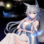  1girl animal_ear_fluff animal_ears azur_lane blue_butterfly blue_collar blue_dress breasts bug butterfly center_opening cocktail_dress collar dress evening_gown feather_boa fox_ears full_moon halter_dress halterneck highres huge_breasts kitsune kyuubi large_tail long_hair looking_at_viewer moon multiple_tails official_alternate_costume shinano_(azur_lane) shinano_(light_of_the_hazy_moon)_(azur_lane) sleeveless sleeveless_dress solo tail violet_eyes wa_tsu_to white_tail wrist_flower 