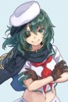  1girl armor black_gloves cape commentary_request crossed_arms eyepatch gloves green_background green_cape green_eyes green_hair green_sailor_collar grin hat kantai_collection kiso_(kancolle) looking_at_viewer mitsuyo_(mituyo324) neckerchief pauldrons red_neckwear remodel_(kantai_collection) sailor_collar sailor_hat school_uniform serafuku short_hair shoulder_armor simple_background single_pauldron smile solo upper_body 