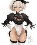  back_cutout bangs bea_(pokemon) black_dress black_hairband boots cleavage_cutout clothing_cutout cosplay dress feather-trimmed_sleeves grey_eyes grey_hair hair_between_eyes hairband highres juliet_sleeves leotard long_sleeves nier_(series) nier_automata pokemon pokemon_(game) pokemon_swsh puffy_sleeves rakeemspoon short_hair thigh-highs thigh_boots thighhighs_under_boots white_leotard yorha_no._2_type_b 