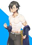  1boy abs bangs belt bishounen black_hair black_pants blush covered_abs covered_nipples fate/grand_order fate_(series) grey_eyes highres jacket jacket_partially_removed kayaharu male_focus mandricardo_(fate) medium_hair multicolored_hair muscular muscular_male nipples official_alternate_costume open_mouth pants pectorals purple_jacket shirt solo streaked_hair upper_teeth wet wet_clothes wet_face wet_hair wet_shirt white_hair white_shirt 