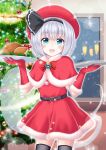  1girl :d absurdres alternate_costume aqua_eyes arms_up bangs belt black_hairband black_legwear blush bob_cut bow bowtie buckle capelet chicken_(food) christmas christmas_ornaments christmas_tree commentary_request cup dot_nose dress drinking_glass elbow_gloves food fur-trimmed_gloves fur-trimmed_skirt fur_trim gloves hairband highres hitodama holding holding_plate konpaku_youmu konpaku_youmu_(ghost) light_particles looking_at_viewer open_mouth plate red_bow red_bowtie red_capelet red_dress red_gloves red_headwear red_skirt reimei_(r758120518) santa_costume short_hair silver_hair skirt smile solo sparkle standing thigh-highs touhou window wine_glass 