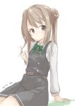  1girl absurdres bow bowtie cowboy_shot double_bun dress fyuo green_neckwear highres kantai_collection light_brown_hair long_hair long_sleeves looking_at_viewer michishio_(kancolle) one-hour_drawing_challenge pinafore_dress remodel_(kantai_collection) shirt short_twintails simple_background sitting solo twintails white_background white_shirt yellow_eyes 