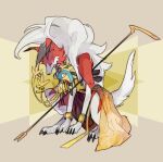  azelf bracelet claws closed_mouth commentary_request gen_4_pokemon gen_7_pokemon glowing glowing_eyes highres hunched_over jewelry legendary_pokemon looking_at_viewer lycanroc lycanroc_(midnight) ngr_(nnn204204) pokemon pokemon_(creature) staff yellow_eyes 