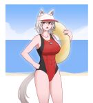  1girl abs animal_ear_fluff animal_ears beach black_swimsuit breasts clouds cloudy_sky commentary cowboy_shot fang hand_on_hip highres innertube inubashiri_momiji lifeguard looking_at_viewer mata_(matasoup) multicolored multicolored_clothes multicolored_swimsuit navel one-piece_swimsuit open_mouth red_eyes red_swimsuit sky solo swimsuit tail touhou visor_cap whistle whistle_around_neck white_hair wolf_ears wolf_tail 