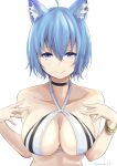  1girl ahoge animal_ear_fluff animal_ears animare blue_eyes blue_hair breasts closed_mouth collarbone ear_piercing eyebrows_visible_through_hair hair_between_eyes highres kichihachi large_breasts looking_at_viewer piercing short_hair simple_background smile solo souya_ichika twitter_username upper_body virtual_youtuber white_background 