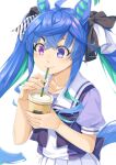  1girl @_@ ahoge animal_ears aqua_hair bangs black_bow blue_eyes blue_hair bow collarbone commentary_request cup disposable_cup drinking_straw eyebrows_visible_through_hair hair_between_eyes hair_bow heterochromia holding holding_cup horse_ears horse_girl horse_tail miri_(ago550421) multicolored_hair pleated_skirt puffy_short_sleeves puffy_sleeves purple_bow purple_shirt school_uniform shirt short_sleeves simple_background skirt solo tail thick_eyebrows tracen_school_uniform twin_turbo_(umamusume) twintails two-tone_hair umamusume violet_eyes white_background white_skirt 