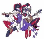  1boy 1girl absurdres artist_name bangs belt crossed_legs eyebrows_behind_hair findoworld flute genshin_impact grey_eyes hair_between_eyes hat highres holding holding_instrument instrument jester jester_cap knees_up long_sleeves looking_at_another lute_(instrument) mona_(genshin_impact) one_eye_closed puffy_sleeves purple_hair scaramouche_(genshin_impact) sidelocks star_tattoo tattoo teardrop_tattoo violet_eyes white_background 