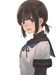  1girl arm_warmers black_eyes black_hair black_sailor_collar blue_neckwear commentary_request fubuki_(kancolle) kantai_collection long_hair low_ponytail neckerchief open_mouth ponytail remodel_(kantai_collection) rinto_(rint_rnt) sailor_collar school_uniform serafuku short_ponytail sidelocks simple_background solo upper_body white_background 