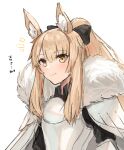  1girl absurdres animal_ear_fluff animal_ears arknights armor black_bow blemishine_(arknights) blonde_hair bow character_name commentary eyebrows_visible_through_hair hair_bow highres horse_ears light_blush long_hair looking_at_viewer notice_lines ponytail raw_egg_lent shirt sidelocks simple_background sketch solo translated upper_body very_long_hair white_background white_shirt yellow_eyes 