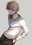  1boy absurdres bangs bishounen blonde_hair bracelet brown_pants eyebrows_visible_through_hair fate/stay_night fate_(series) gilgamesh_(fate) grey_background grin hair_between_eyes hand_in_pocket highres jewelry male_focus necklace pants red_eyes shirt short_hair signature smile solo tarao_(13raven) white_shirt 