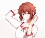  1girl arm_up bangs brown_hair closed_mouth collarbone eyebrows_visible_through_hair hair_between_eyes highres kara_no_kyoukai okakasushi red_ribbon ribbon seo_shizune shiny shiny_hair shirt short_hair simple_background smile solo upper_body white_background white_shirt yellow_eyes 