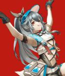  1girl armpits arms_up bangs black_gloves blue_headwear blurry blurry_background closed_mouth fu_hua fu_hua_(herrscher_of_sentience) gloves grey_hair hair_between_eyes highres honkai_(series) honkai_impact_3rd long_hair looking_at_viewer navel ponytail qbird449 red_background simple_background sleeveless solo solo_focus summer_uniform tongue tongue_out 